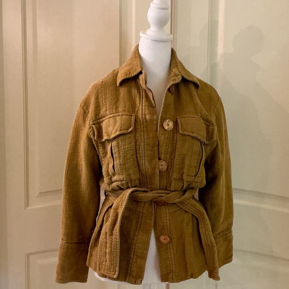 Massimo Dutti Women's Mustard Yellow Collared Belted Jacket Size S